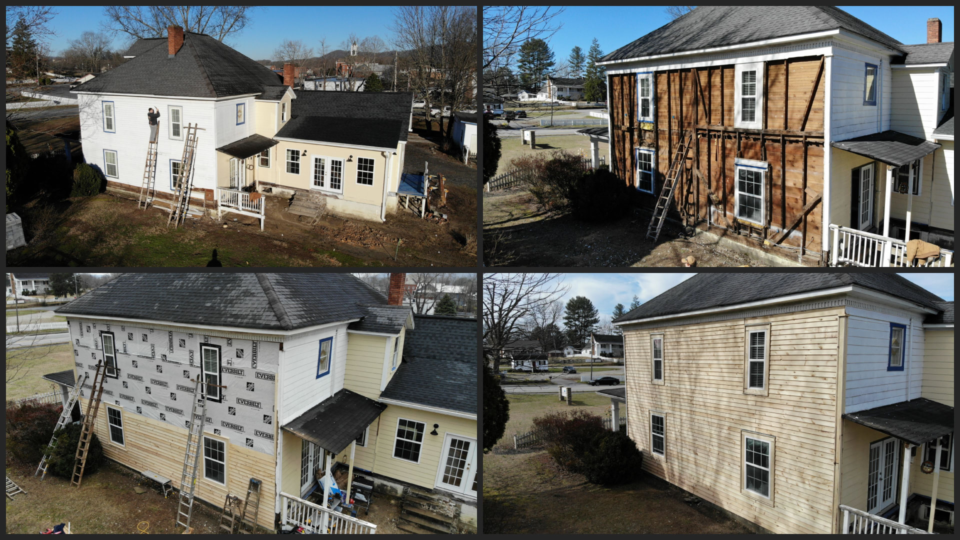 Full exterior remodel in progress: old siding stripped to framing, new house wrap, and fresh cedar siding installed
