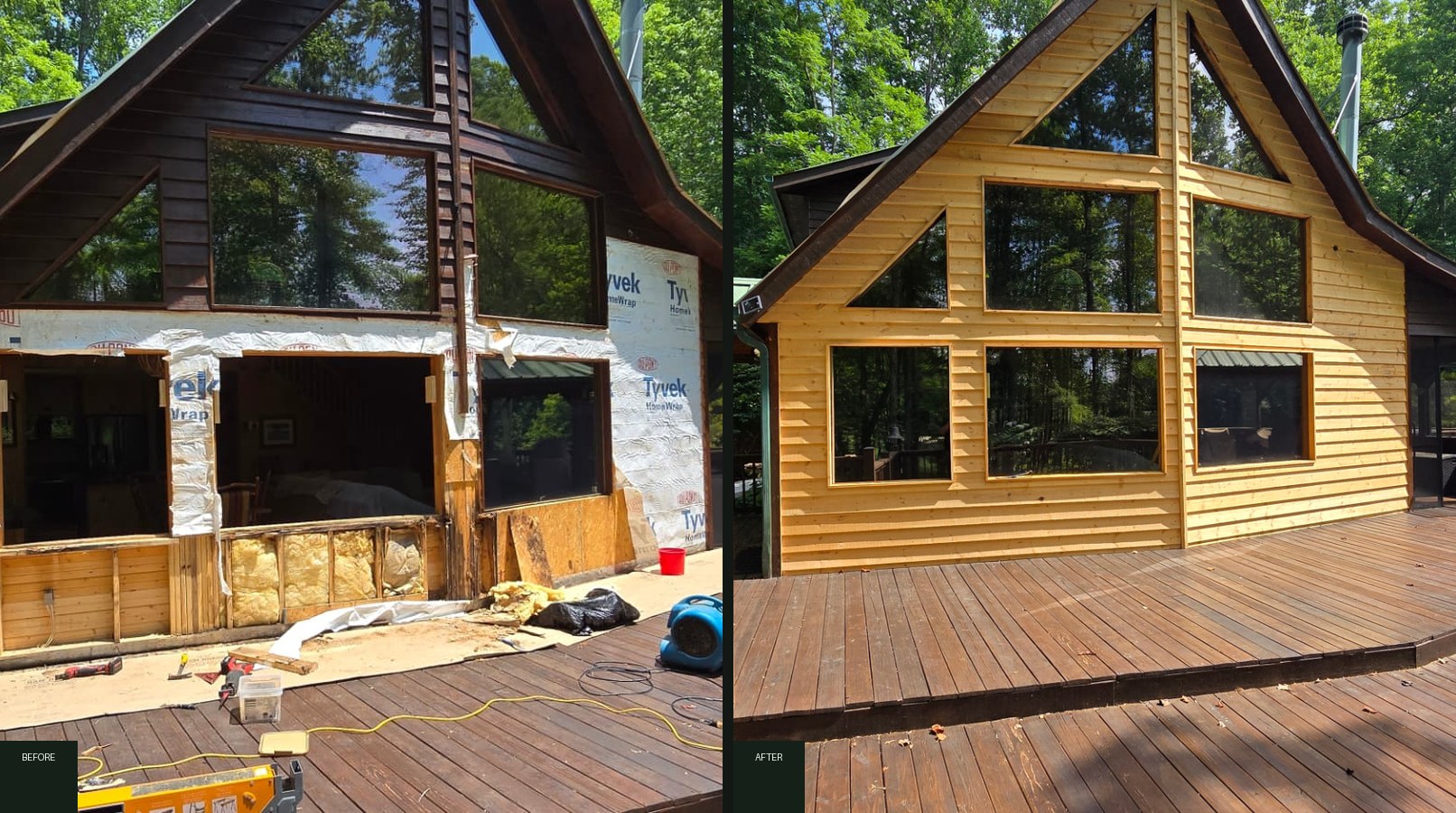 Before and after of a cabin exterior rebuild: rotted wall opened to framing, then finished with new cedar siding and windows